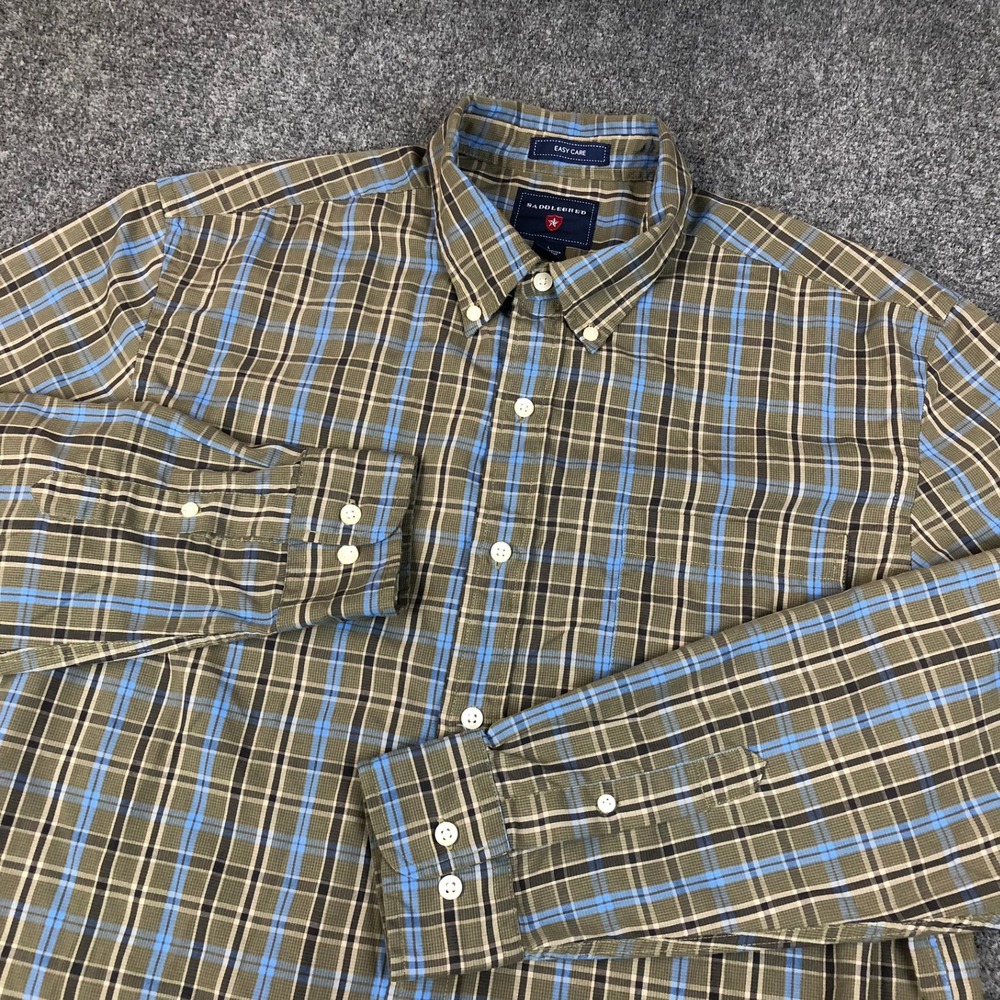 Saddlebred Easy Care Mens Large Plaid Button Down Shirt‎ Olive Blue Long Sleeve